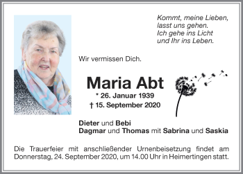 Traueranzeige von Maria Abt von Memminger Zeitung