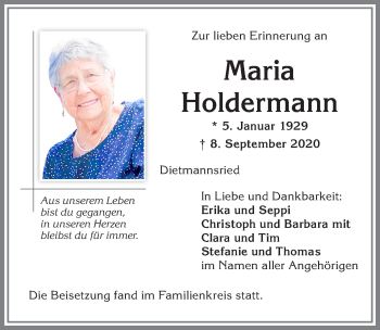 Traueranzeige von Maria Holdermann von Allgäuer Zeitung,Kempten