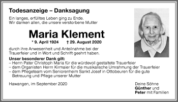 Traueranzeige von Maria Klement von Memminger Zeitung