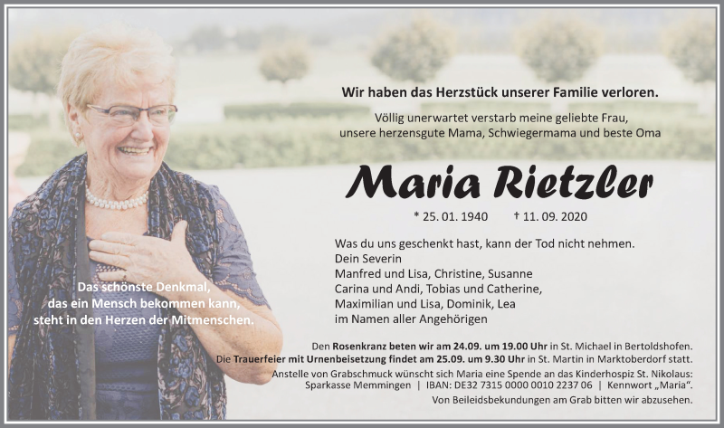  Traueranzeige für Maria Rietzler vom 17.09.2020 aus Allgäuer Zeitung, Marktoberdorf