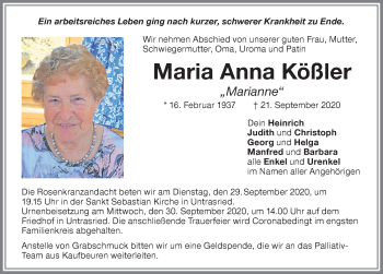 Traueranzeige von Maria Anna Kößler von Allgäuer Zeitung, Marktoberdorf