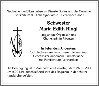 Traueranzeige von Maria Edith Ringl von Allgäuer Zeitung, Füssen