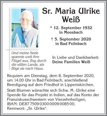 Traueranzeige von Maria Ulrike Weiß von Allgäuer Zeitung,Kempten