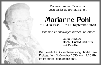 Traueranzeige von Marianne Pohl von Allgäuer Zeitung, Kaufbeuren/Buchloe