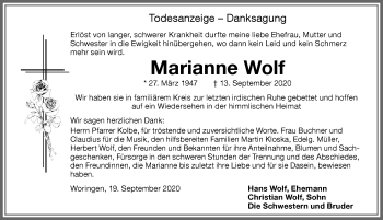 Traueranzeige von Marianne Wolf von Memminger Zeitung