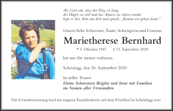 Traueranzeige von Marietherese Bernhard von Der Westallgäuer