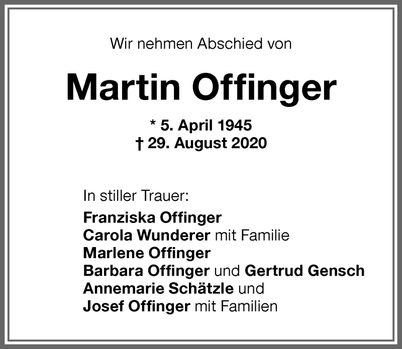  Traueranzeige für Martin Offinger vom 01.09.2020 aus Memminger Zeitung