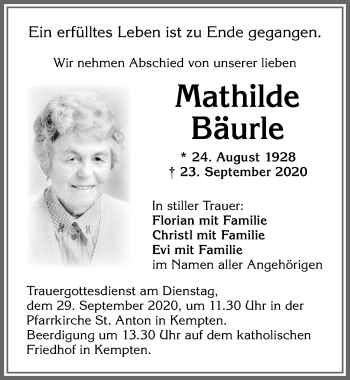 Traueranzeige von Mathilde Bäurle von Allgäuer Zeitung,Kempten