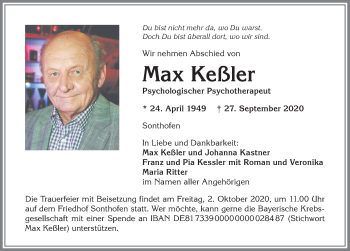 Traueranzeige von Max Keßler von Allgäuer Anzeigeblatt