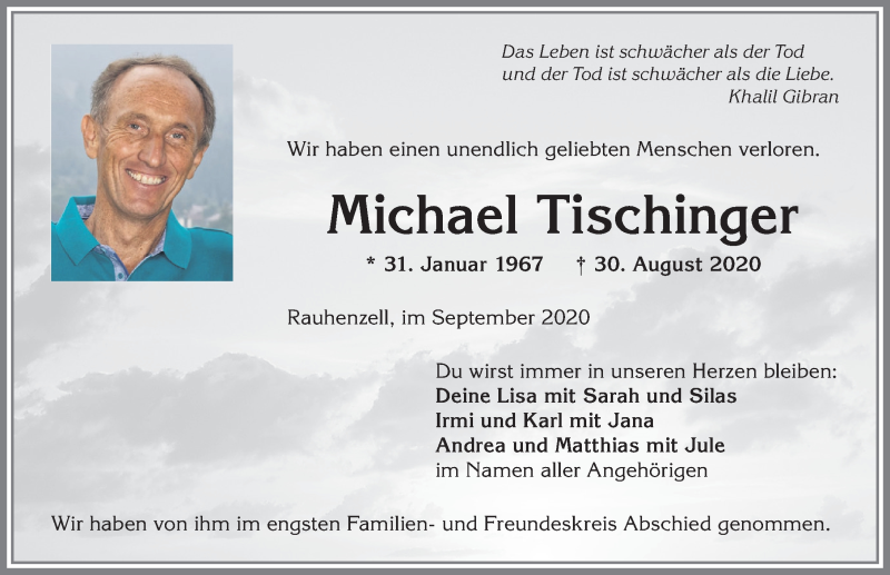  Traueranzeige für Michael Tischinger vom 19.09.2020 aus Allgäuer Anzeigeblatt