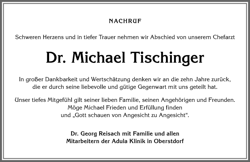  Traueranzeige für Michael Tischinger vom 26.09.2020 aus Allgäuer Anzeigeblatt