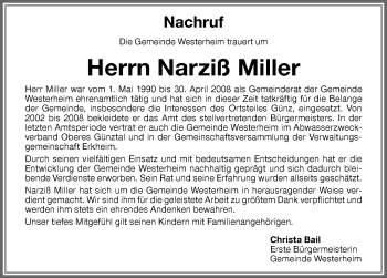 Traueranzeige von Narziß Miller von Memminger Zeitung
