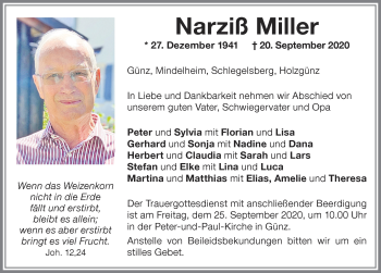 Traueranzeige von Narziß Miller von Memminger Zeitung