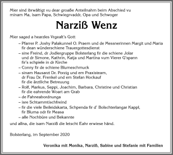 Traueranzeige von Narziß Wenz von Allgäuer Anzeigeblatt
