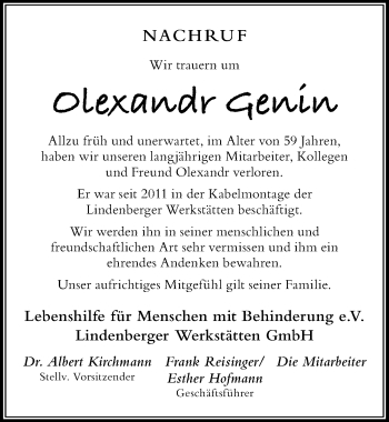 Traueranzeige von Olexandr Genin von Der Westallgäuer