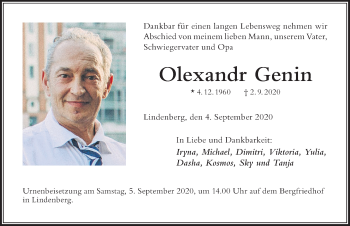 Traueranzeige von Olexandr Genin von Der Westallgäuer