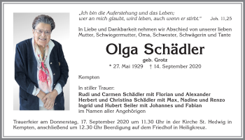 Traueranzeige von Olga Schädler von Allgäuer Zeitung,Kempten