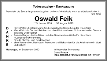 Traueranzeige von Oswald Feik von Memminger Zeitung