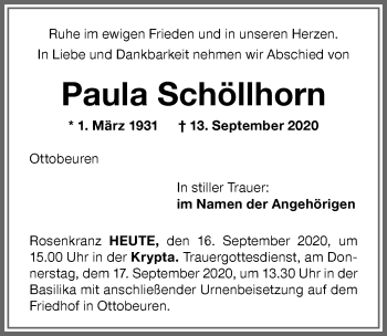 Traueranzeige von Paula Schöllhorn von Memminger Zeitung