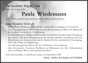 Traueranzeige von Paula Wiedemann von Der Westallgäuer