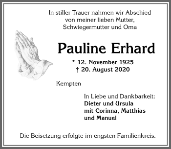 Traueranzeige von Pauline Erhard von Allgäuer Zeitung,Kempten