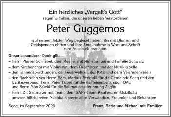 Traueranzeige von Peter Guggemos von Allgäuer Zeitung, Füssen