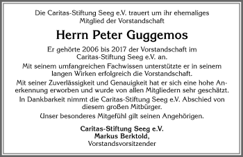 Traueranzeige von Peter Guggemos von Allgäuer Zeitung, Füssen