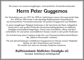 Traueranzeige von Peter Guggemos von Allgäuer Zeitung, Füssen