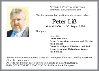 Traueranzeige von Peter Liß von Allgäuer Zeitung,Kempten