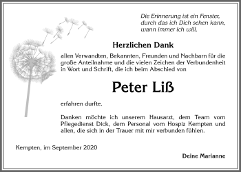 Traueranzeige von Peter Liß von Allgäuer Zeitung,Kempten