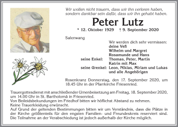 Traueranzeige von Peter Lutz von Allgäuer Zeitung