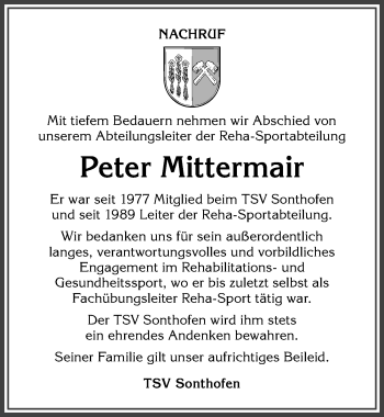 Traueranzeige von Peter Mittermair von Allgäuer Anzeigeblatt