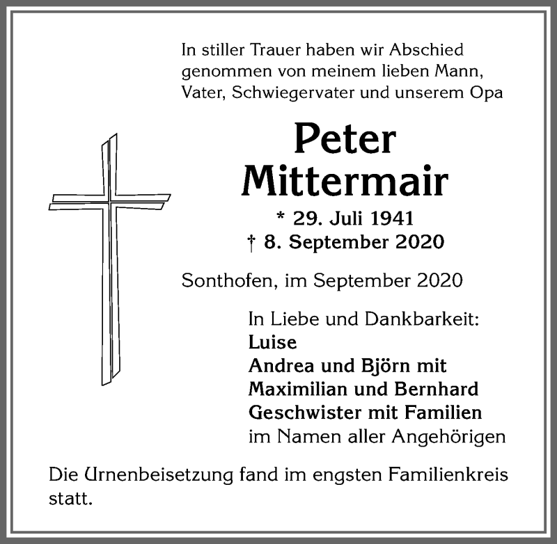  Traueranzeige für Peter Mittermair vom 19.09.2020 aus Allgäuer Anzeigeblatt