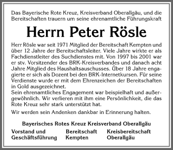 Traueranzeige von Peter Rösle von Allgäuer Zeitung