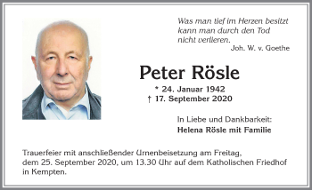 Traueranzeige von Peter Rösle von Allgäuer Zeitung,Kempten