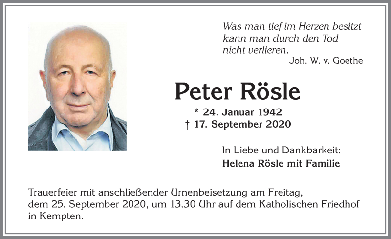  Traueranzeige für Peter Rösle vom 22.09.2020 aus Allgäuer Zeitung,Kempten