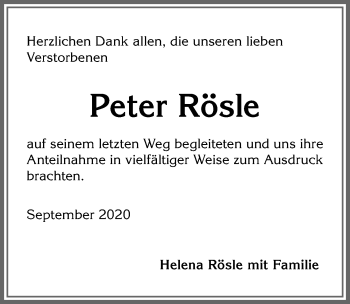 Traueranzeige von Peter Rösle von Allgäuer Zeitung,Kempten