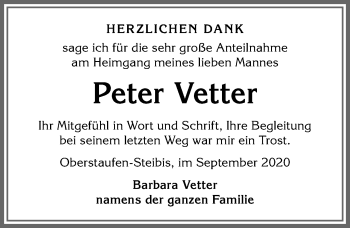 Traueranzeige von Peter Vetter von Allgäuer Anzeigeblatt