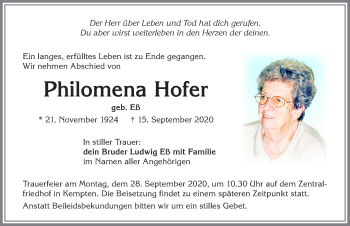 Traueranzeige von Philomena Hofer von Allgäuer Zeitung,Kempten