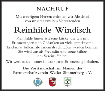 Traueranzeige von Reinhilde Windisch von Der Westallgäuer