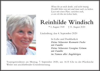 Traueranzeige von Reinhilde Windisch von Der Westallgäuer