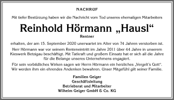 Traueranzeige von Reinhold Hörmann von Allgäuer Zeitung