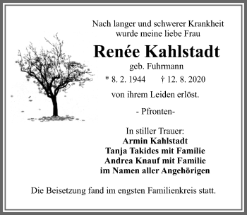 Traueranzeige von Renée Kahlstadt von Allgäuer Zeitung, Füssen