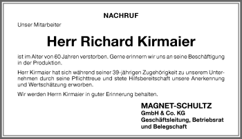 Traueranzeige von Richard Kirmaier von Memminger Zeitung