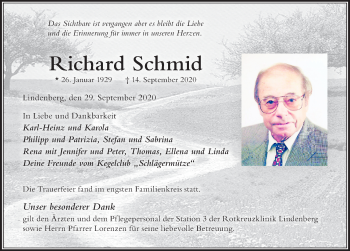 Traueranzeige von Richard Schmid von Der Westallgäuer