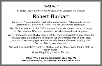 Traueranzeige von Robert Burkart von Allgäuer Zeitung
