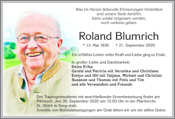 Traueranzeige von Roland Blumrich von Allgäuer Zeitung, Füssen
