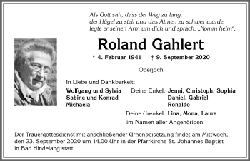 Traueranzeige von Roland Gahlert von Allgäuer Anzeigeblatt