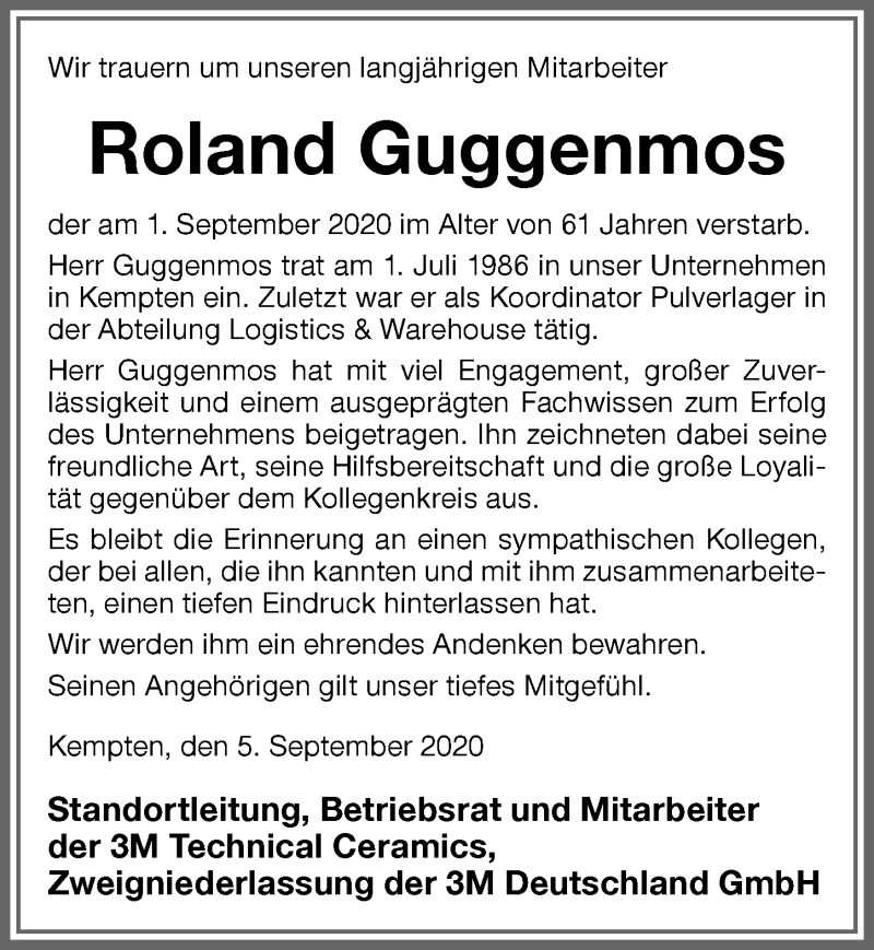  Traueranzeige für Roland Guggenmos vom 05.09.2020 aus Allgäuer Zeitung,Kempten