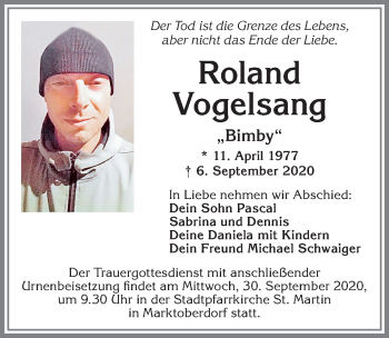 Traueranzeige von Roland Vogelsang von Allgäuer Zeitung, Marktoberdorf